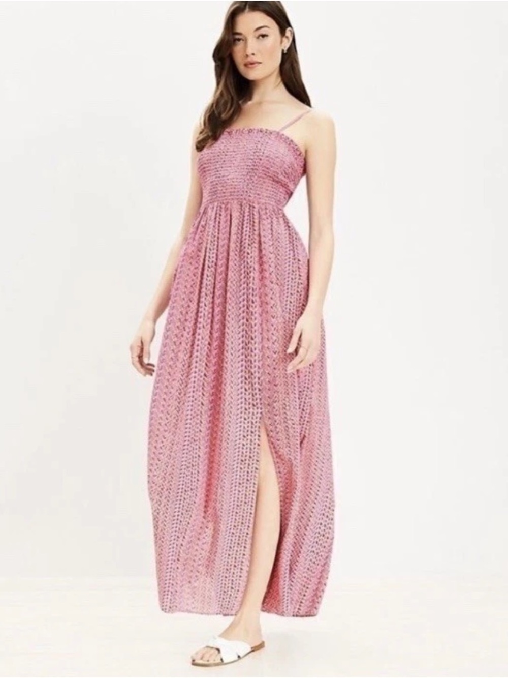 Loft Smocked Strap Pink Maxi Dress with Side Slit size small